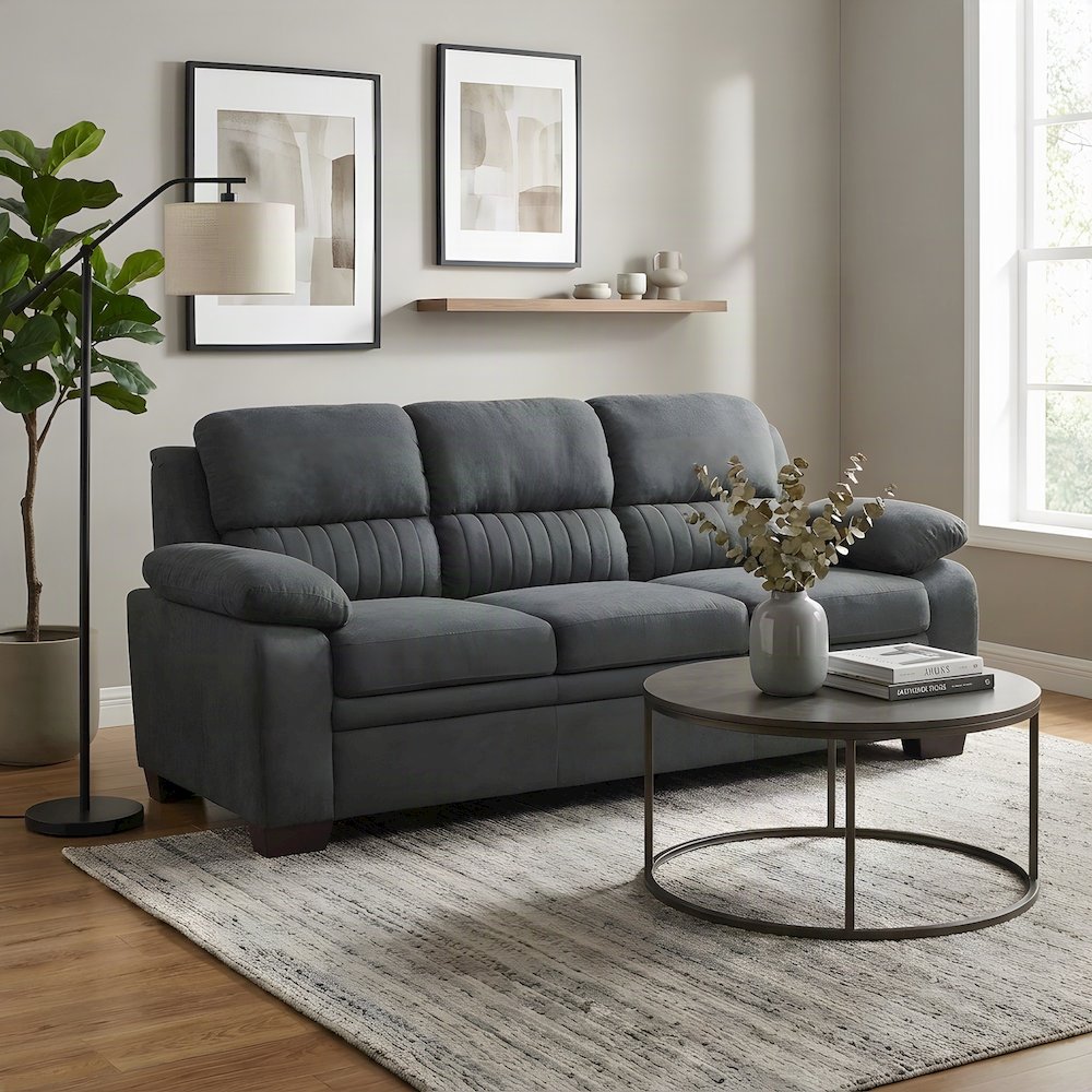 Holleman Textured Fabric Sofa with Track Arms and Tight Back, Dark Gray