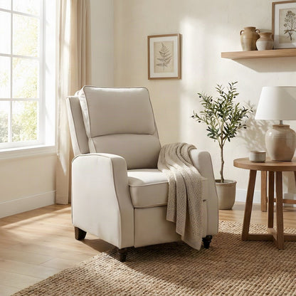 Compact Textured Fabric Manual Push-Back Recliner Chair, Small Spaces, Beige