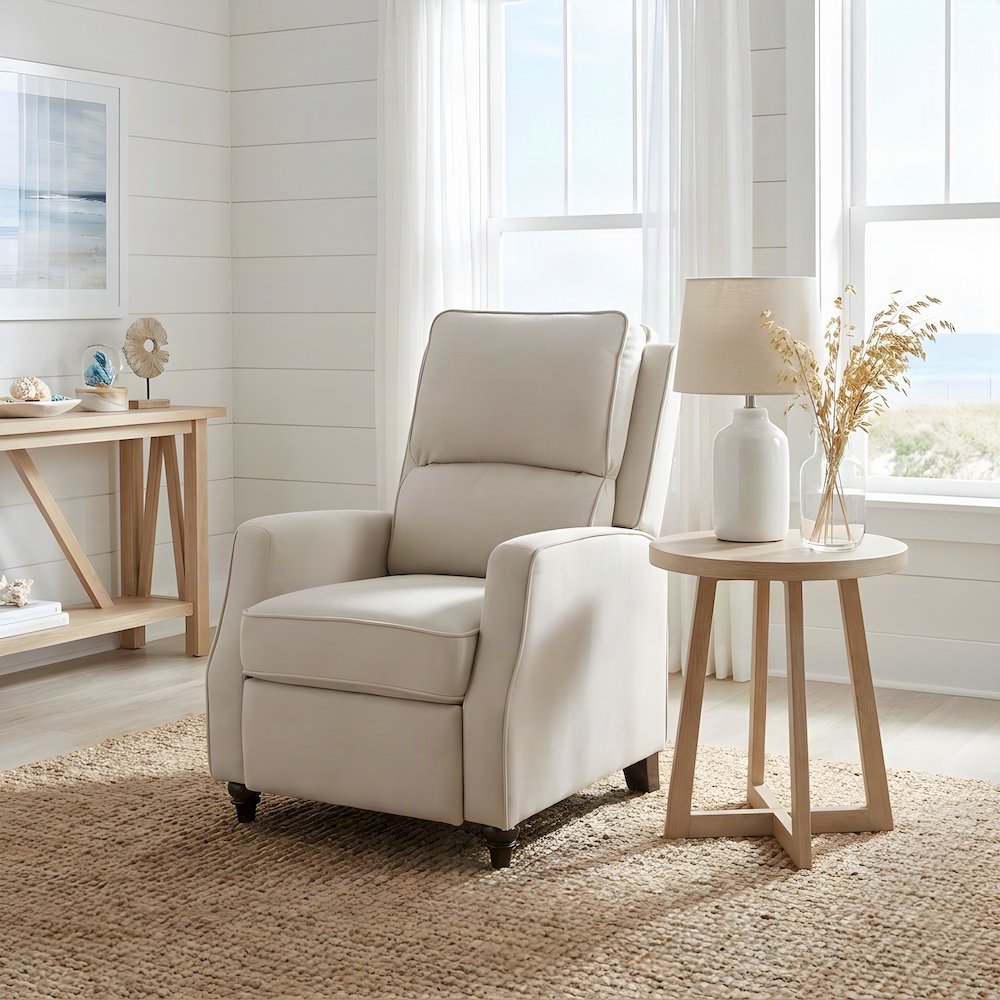 Compact Textured Fabric Manual Push-Back Recliner Chair, Small Spaces, Beige