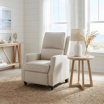 Compact Textured Fabric Manual Push-Back Recliner Chair, Small Spaces, Beige