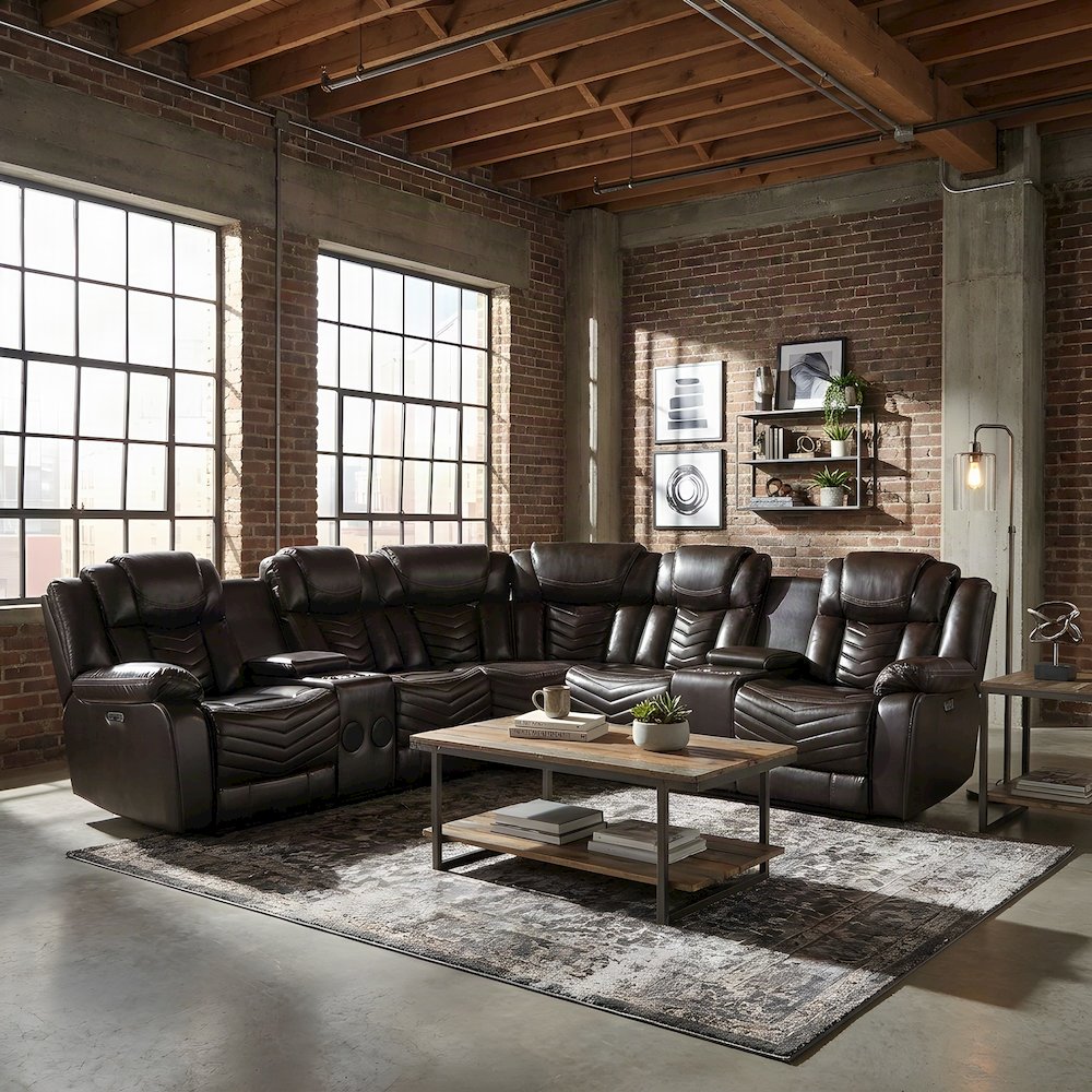 Faux Leather L-Shaped Sectional Sofa with Side Consoles, Set of 3, Dark Brown