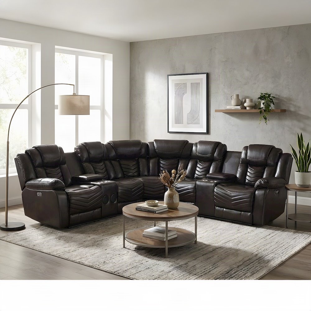 Faux Leather L-Shaped Sectional Sofa with Side Consoles, Set of 3, Dark Brown