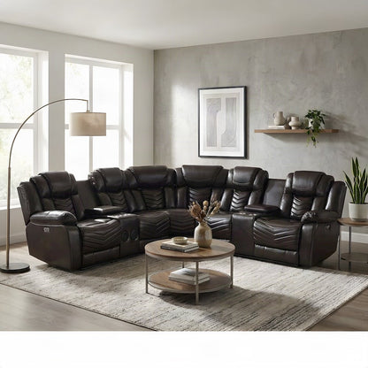 Faux Leather L-Shaped Sectional Sofa with Side Consoles, Set of 3, Dark Brown