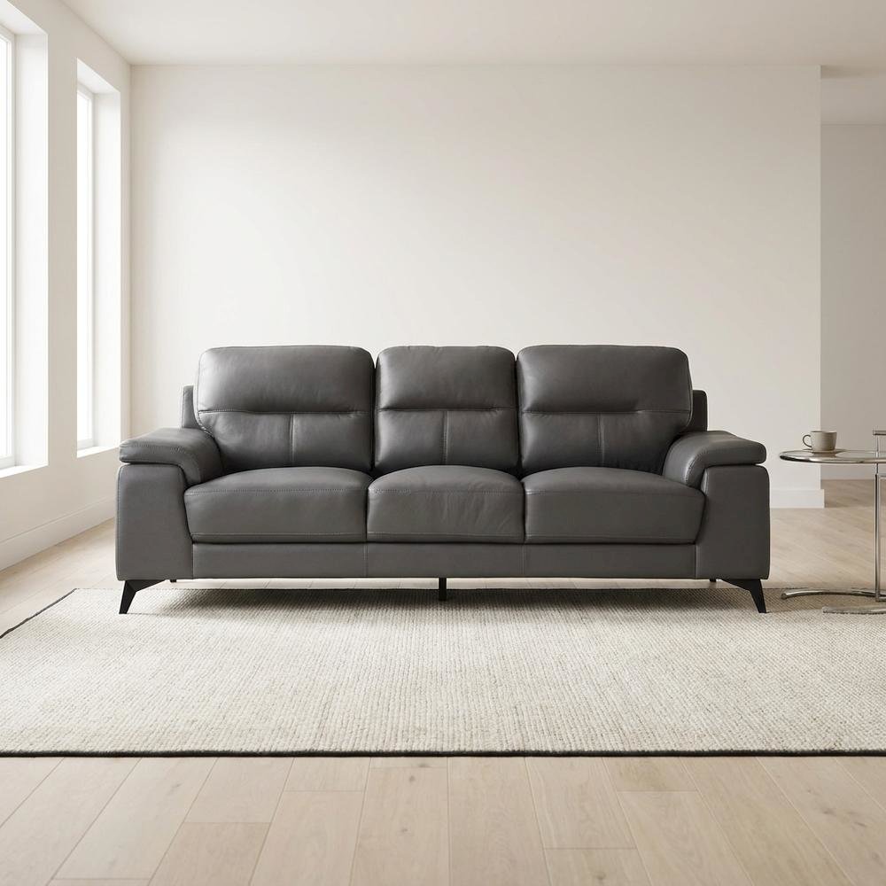 Mischa Genuine Leather Sofa and Couch for Living Room, Dark Gray
