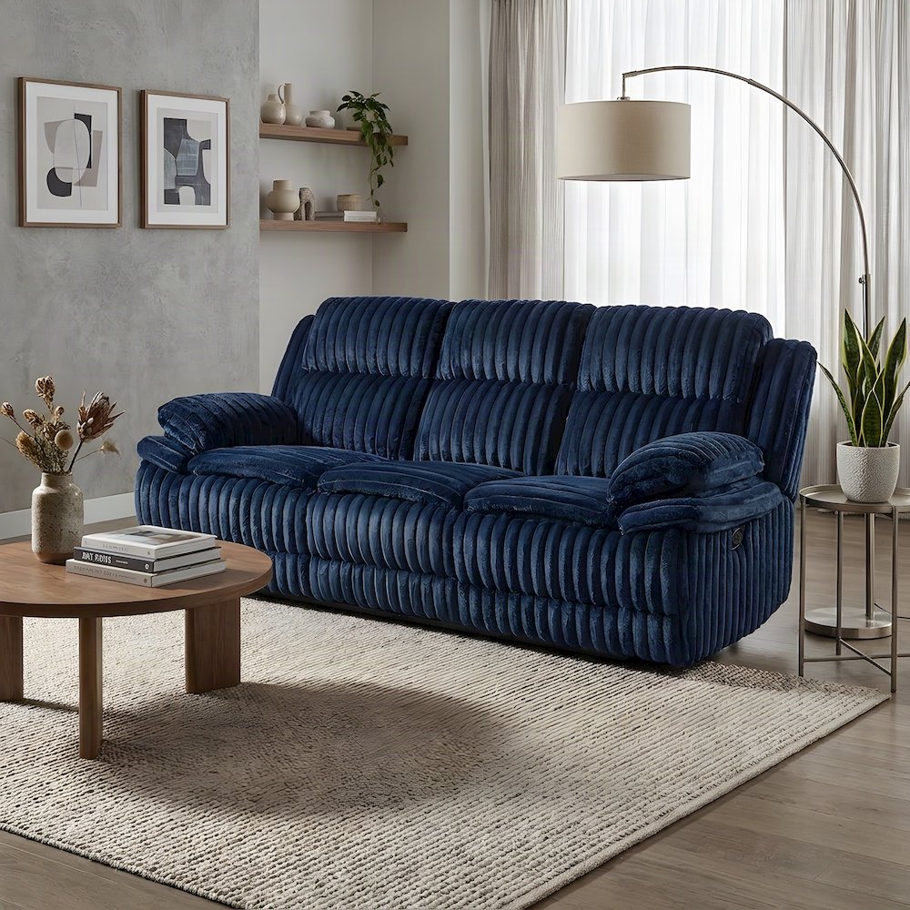 Corduroy-Upholstered Double Reclining Sofa and Loveseat Recliner Couch, Blue