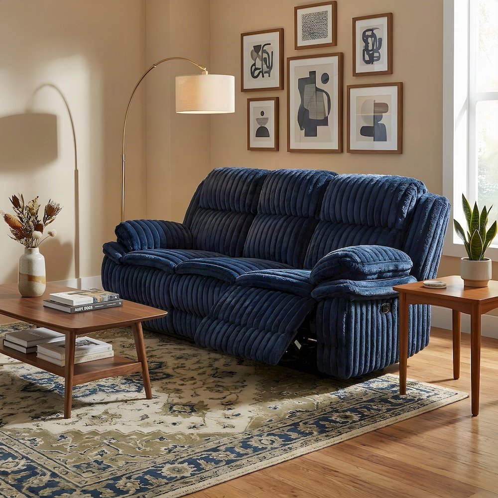 Corduroy-Upholstered Double Reclining Sofa and Loveseat Recliner Couch, Blue