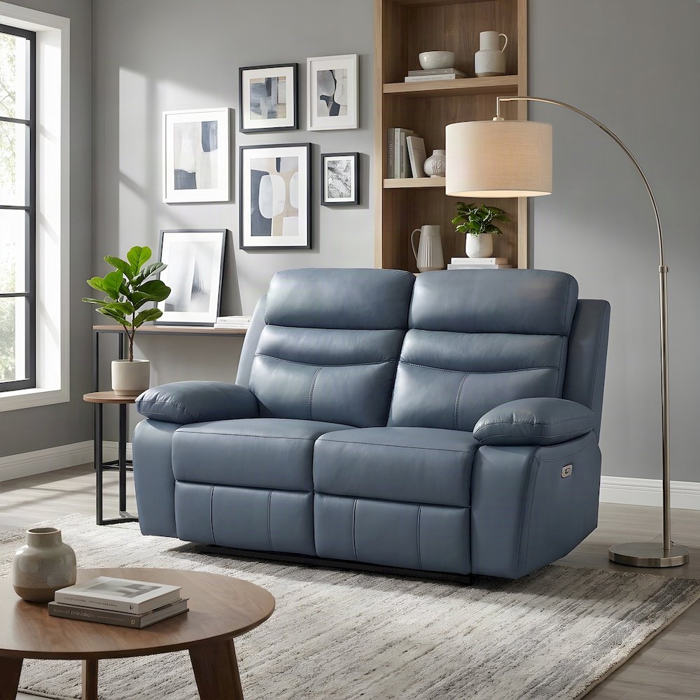 Leather Power Double Reclining Love Seat with Dual Electric Recline, Blue
