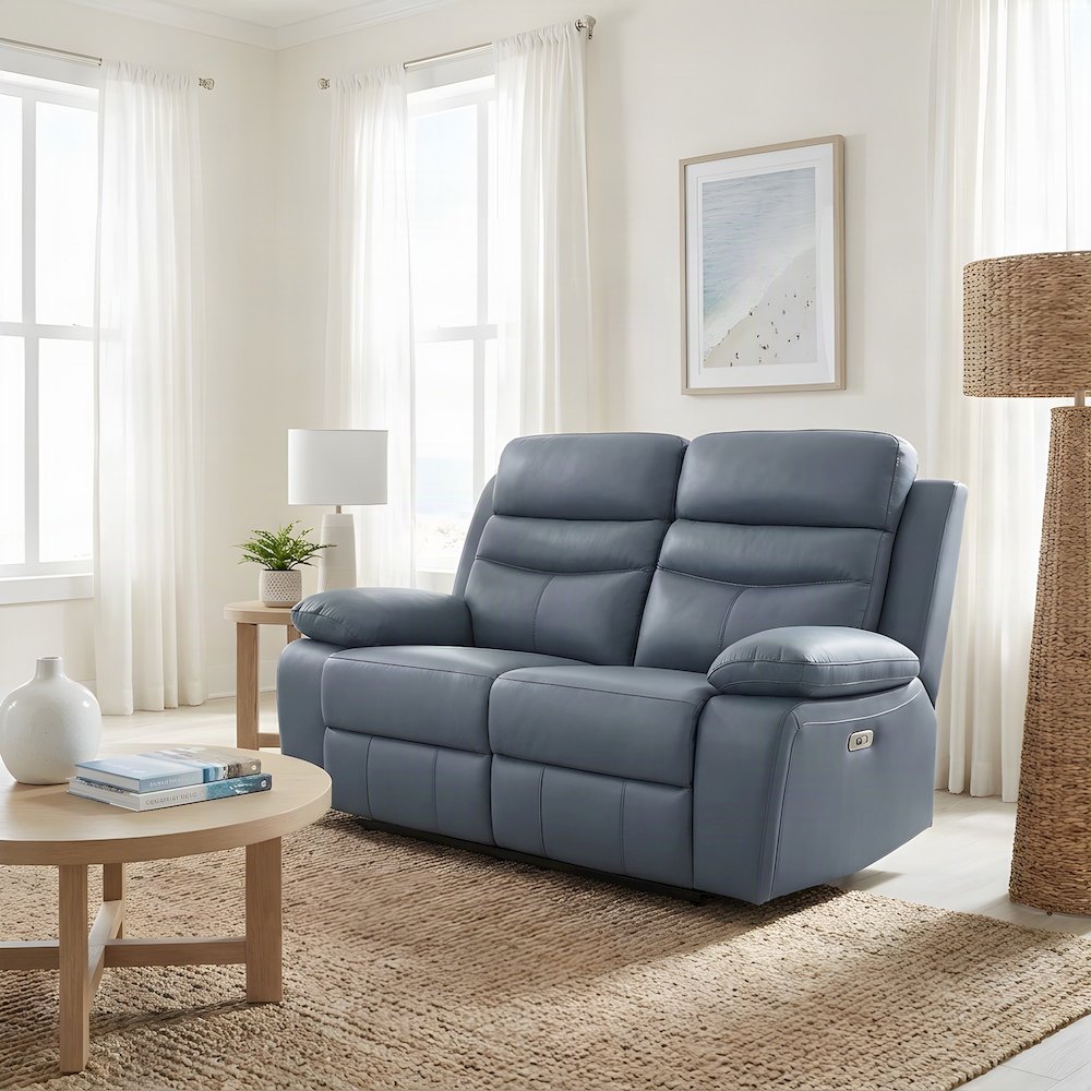 Leather Power Double Reclining Love Seat with Dual Electric Recline, Blue