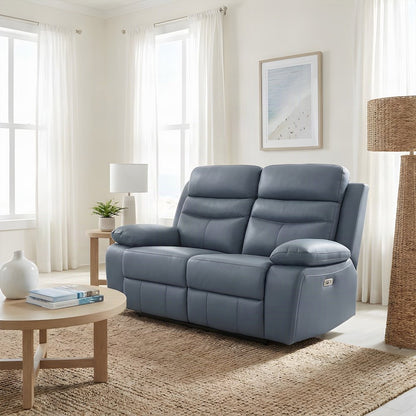 Leather Power Double Reclining Love Seat with Dual Electric Recline, Blue