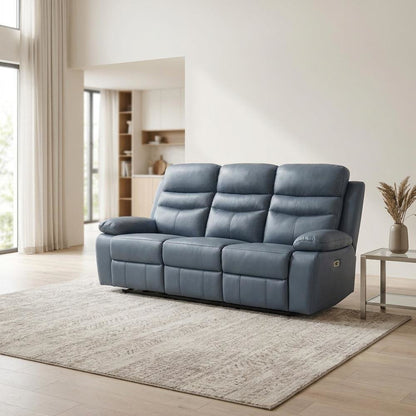 Leather Power Double Reclining Sofa and Recliner Couch for Living Room, Blue