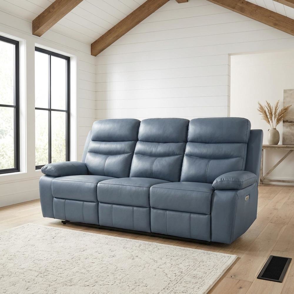 Leather Power Double Reclining Sofa and Recliner Couch for Living Room, Blue