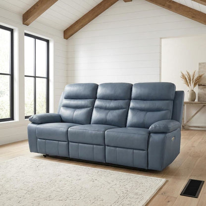 Leather Power Double Reclining Sofa and Recliner Couch for Living Room, Blue