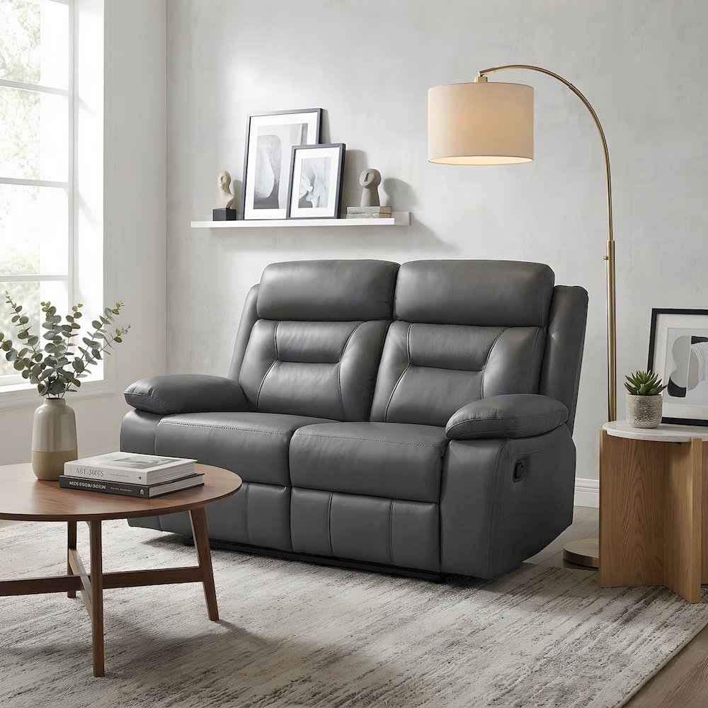 Leather Double Reclining Loveseat Sofa, Recliner Love Seat Couch, Dark Gray