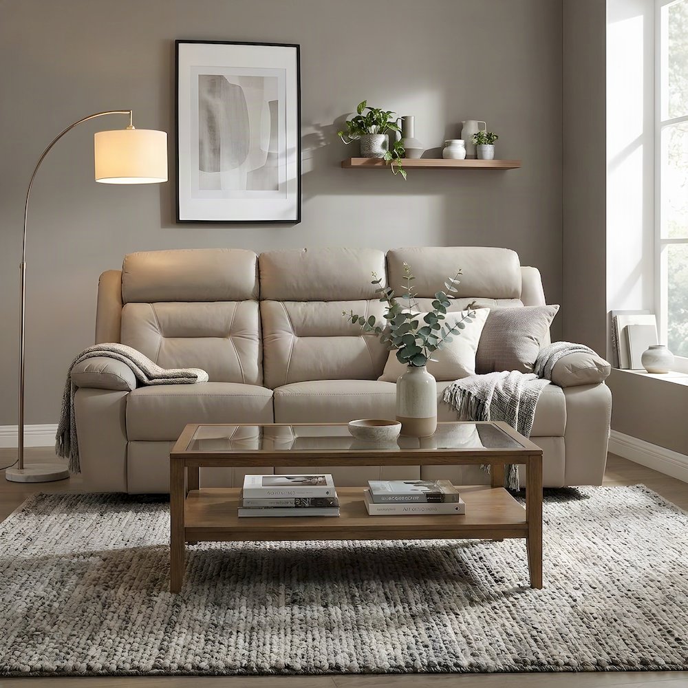 Leather Double Reclining Sofa and Recliner Couch for Living Room, Latte