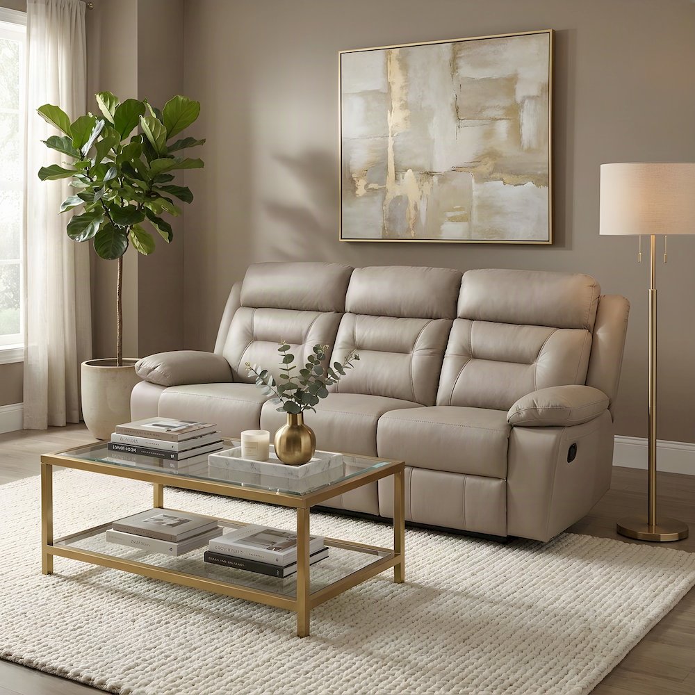 Leather Double Reclining Sofa and Recliner Couch for Living Room, Latte