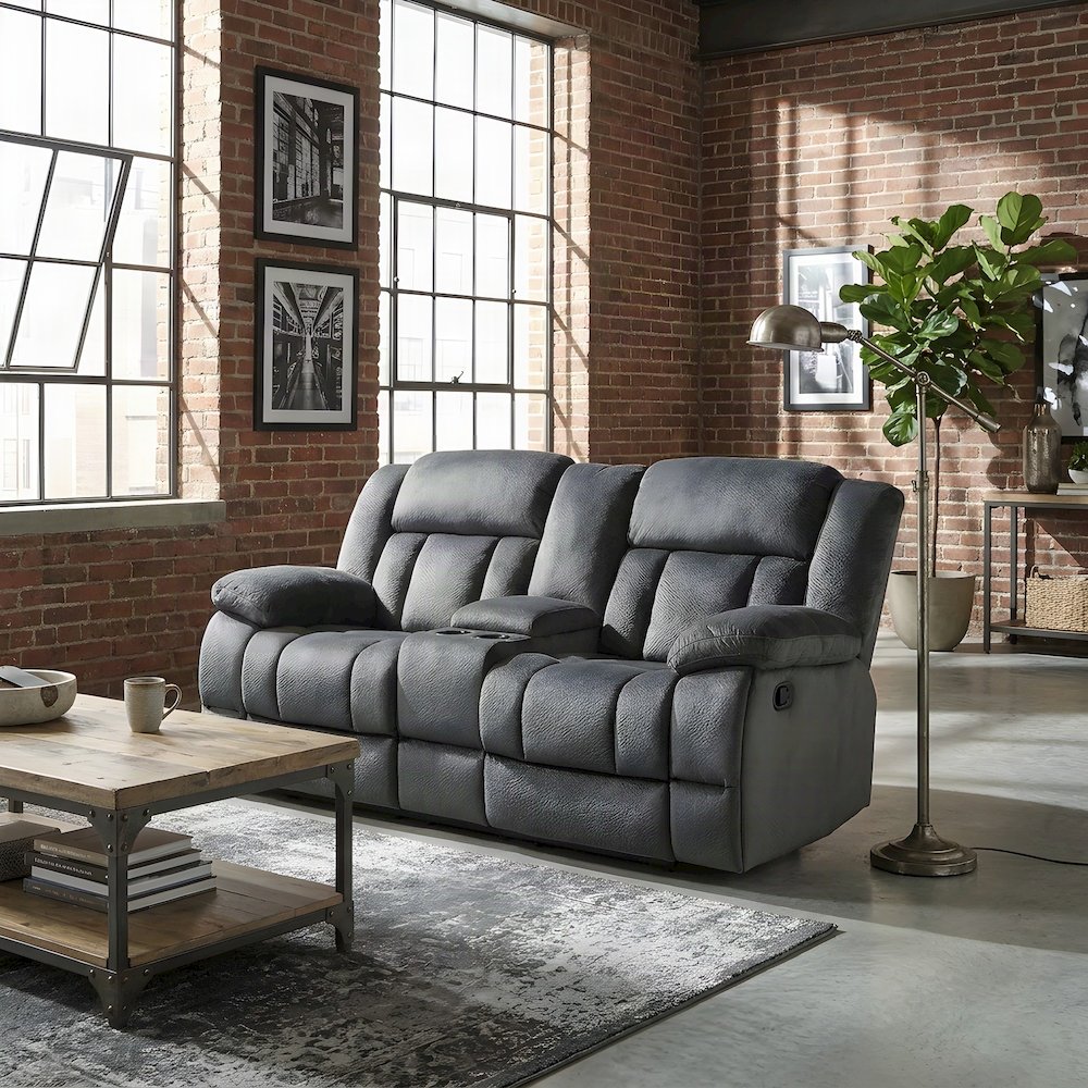 Microfiber Double Glider Reclining Loveseat Sofa, Love Seat Recliner, Charcoal
