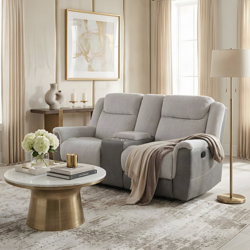 Chenille Double Reclining Loveseat Sofa with Two Recliner Seats, Gray