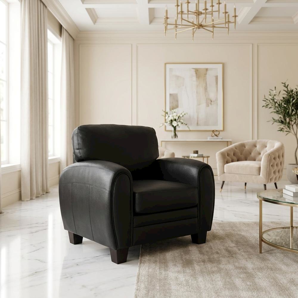 Faux Leather Accent Chair with Padded Seat and Arms for Bedroom, Black