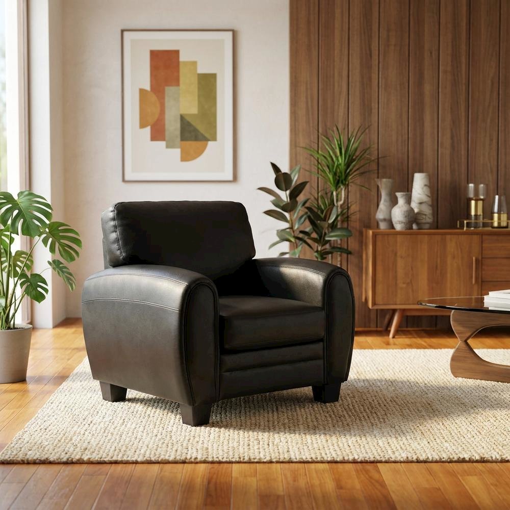 Faux Leather Accent Chair with Padded Seat and Arms for Bedroom, Black