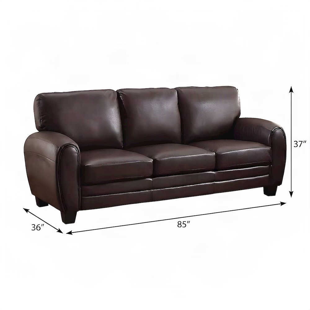 Rubin Faux Leather Sofa Couch with Track Arms, Firm-Cushioned Seat, Dark Brown
