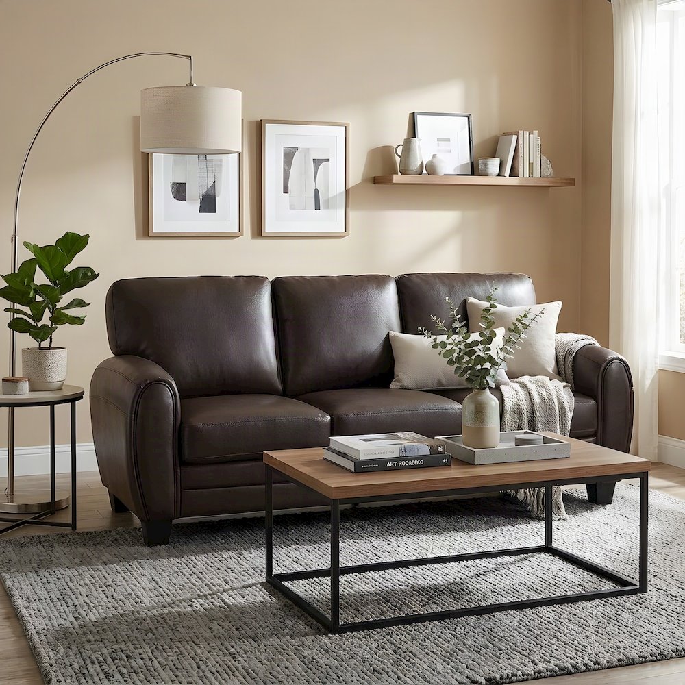Rubin Faux Leather Sofa Couch with Track Arms, Firm-Cushioned Seat, Dark Brown
