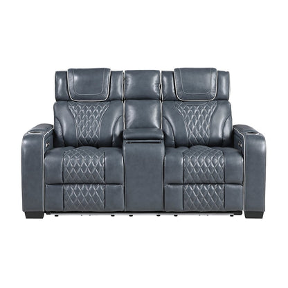Apex Leather Pwr Double Reclining Love Seat with Center Console in Blue