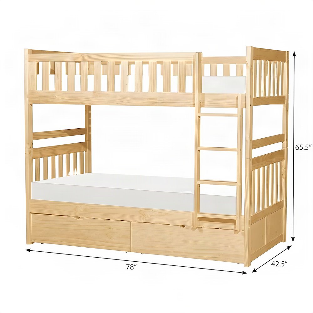 Pine Twin over Twin Kids Bunk Bed with Storage Boxes, Natural Pine