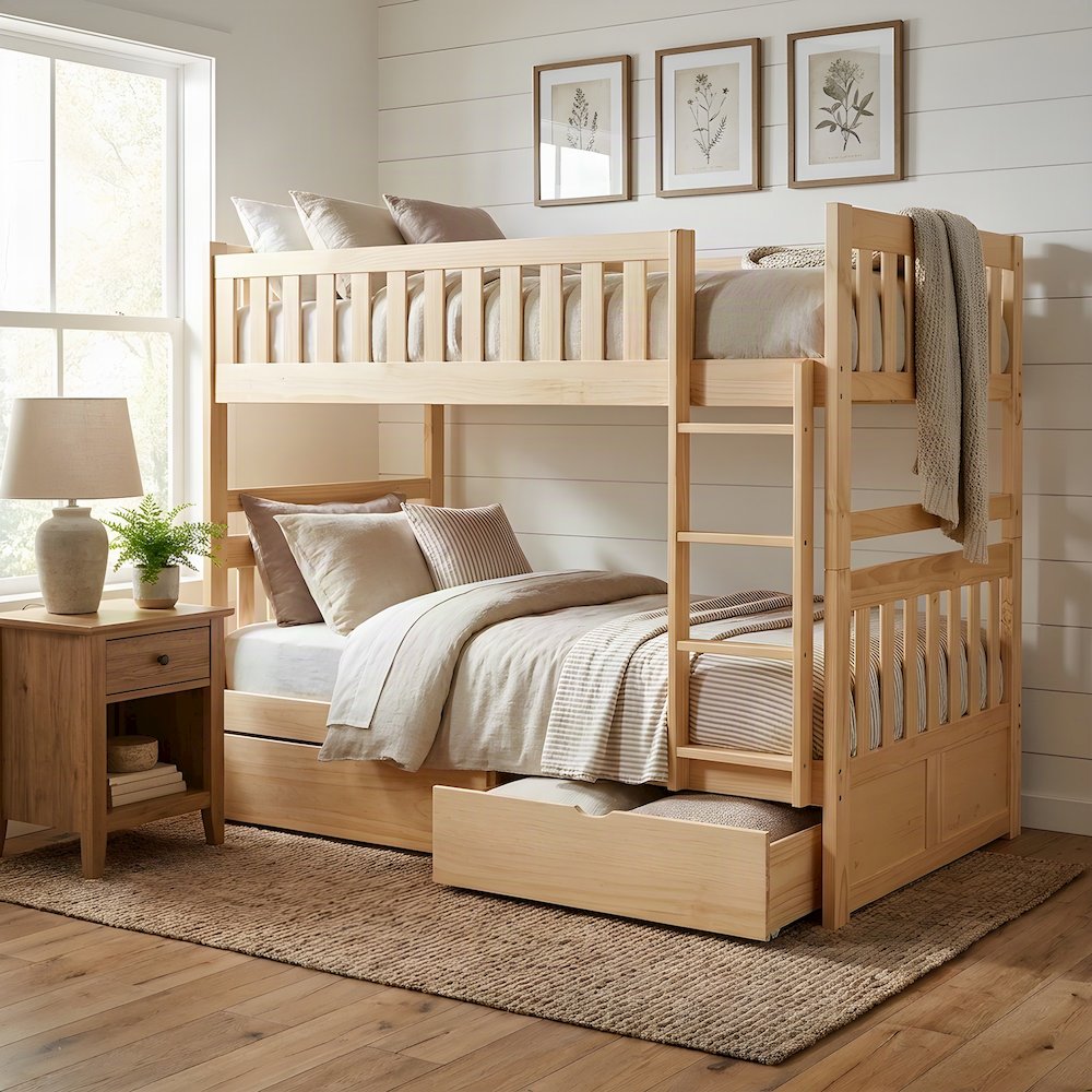 Pine Twin over Twin Kids Bunk Bed with Storage Boxes, Natural Pine