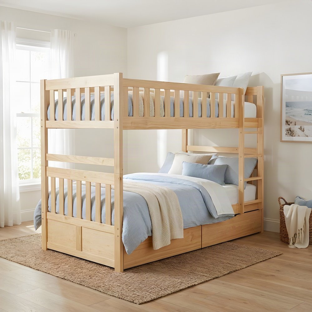 Pine Twin over Twin Kids Bunk Bed with Storage Boxes, Natural Pine