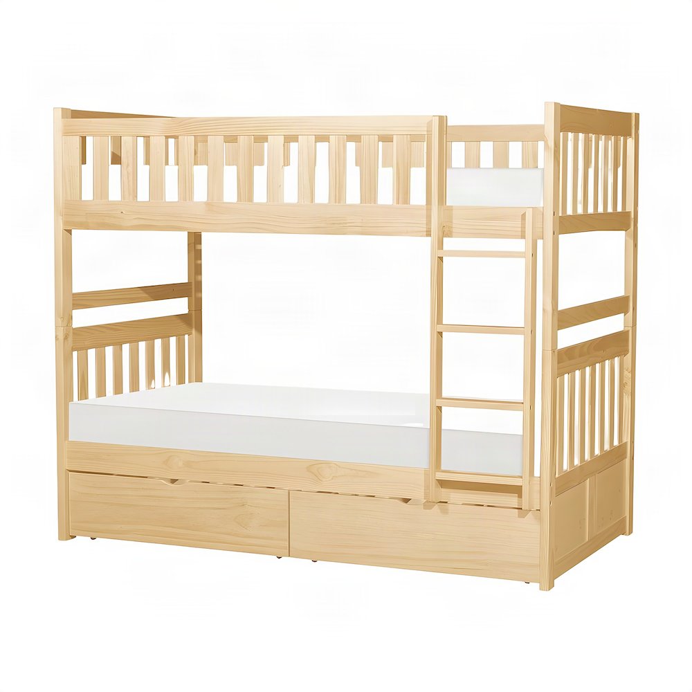 Pine Twin over Twin Kids Bunk Bed with Storage Boxes, Natural Pine