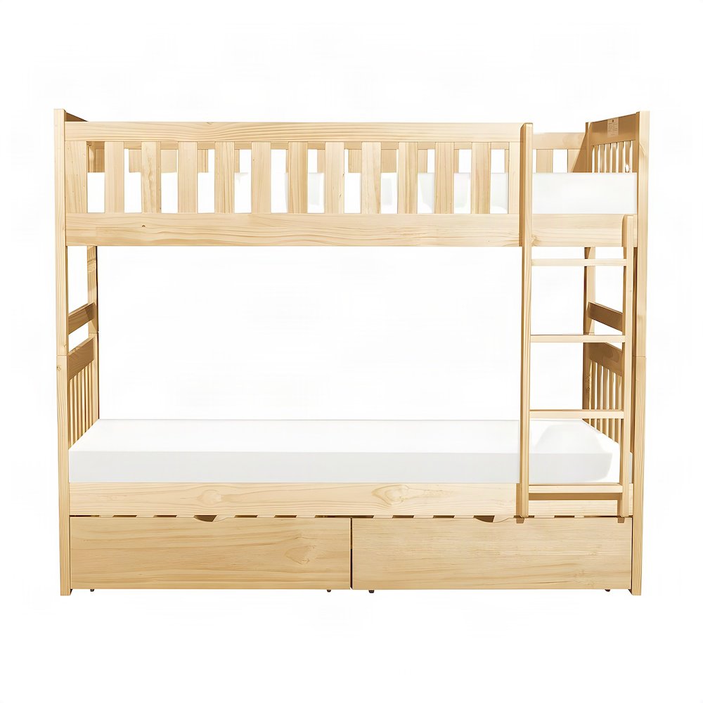 Pine Twin over Twin Kids Bunk Bed with Storage Boxes, Natural Pine
