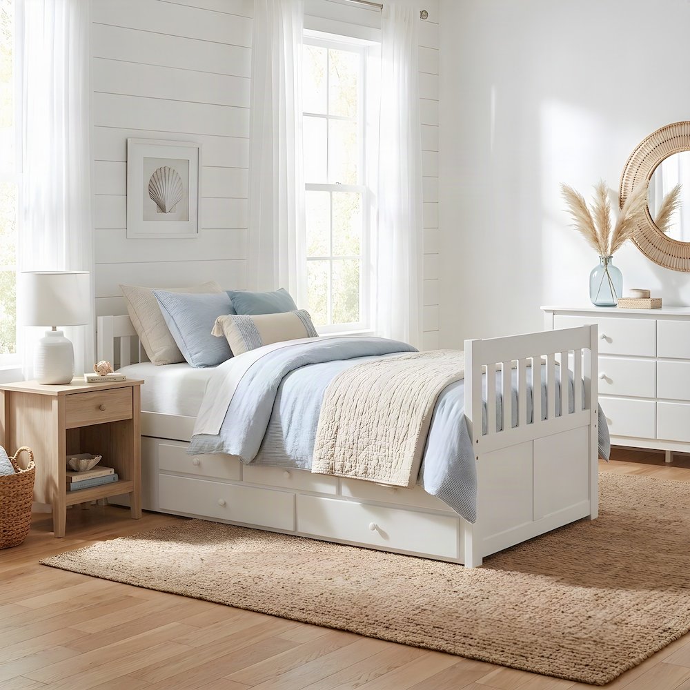 Pine Twin Over Twin Trundle Bed Frame with Two Storage Drawers, White