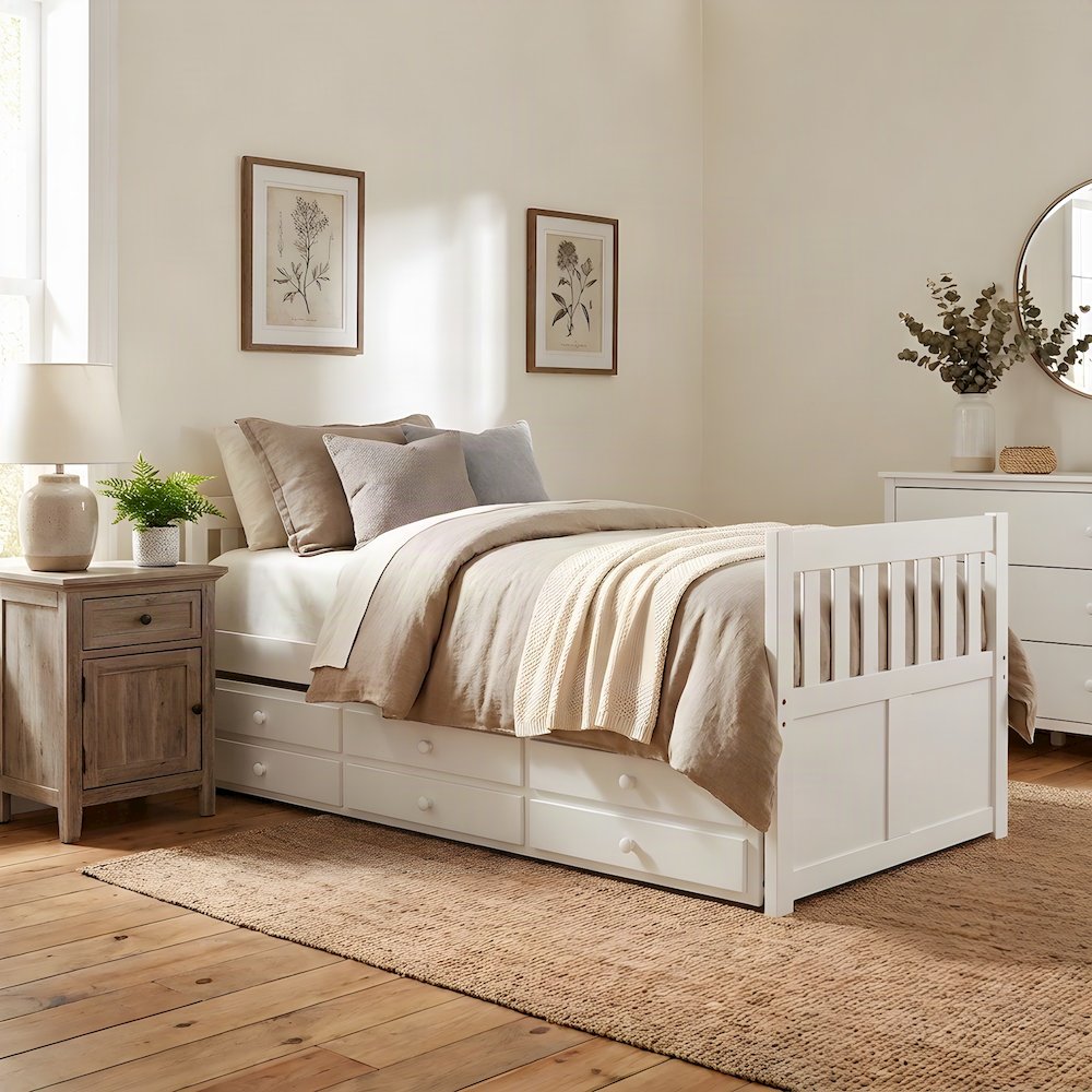 Pine Twin Over Twin Trundle Bed Frame with Two Storage Drawers, White