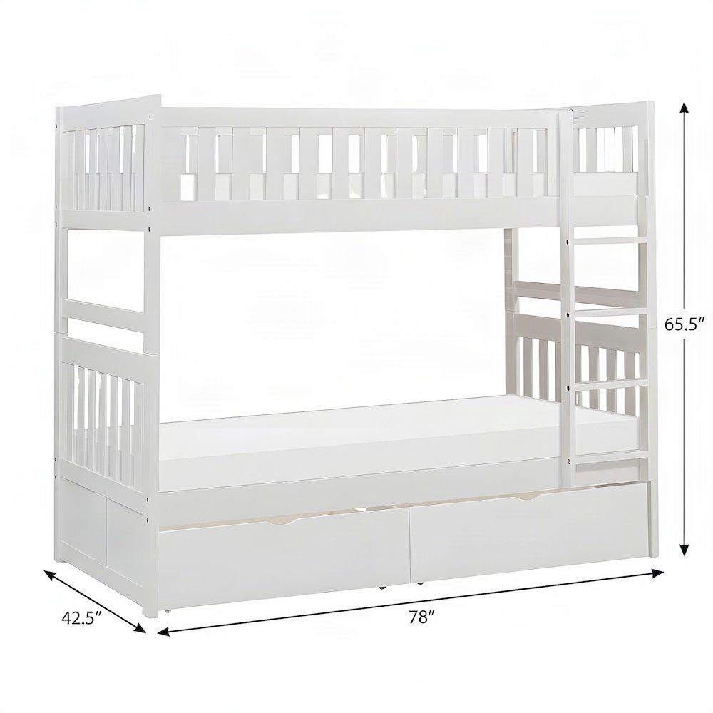 Galen Pine Twin Over Twin Bunk Beds for Kids with Two Storage Boxes, White