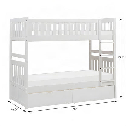 Galen Pine Twin Over Twin Bunk Beds for Kids with Two Storage Boxes, White