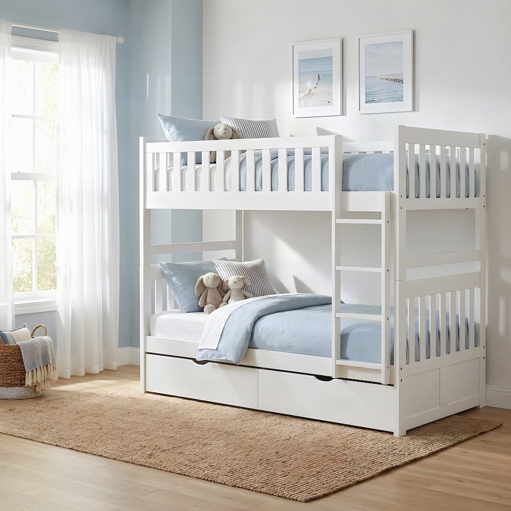 Galen Pine Twin Over Twin Bunk Beds for Kids with Two Storage Boxes, White