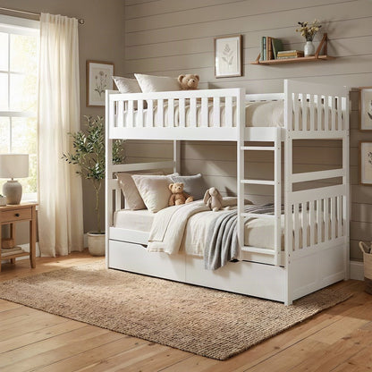 Galen Pine Twin Over Twin Bunk Beds for Kids with Two Storage Boxes, White