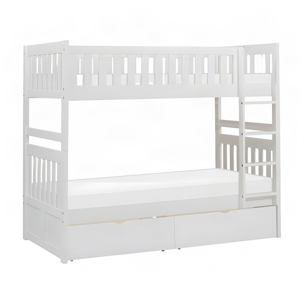 Galen Pine Twin Over Twin Bunk Beds for Kids with Two Storage Boxes, White