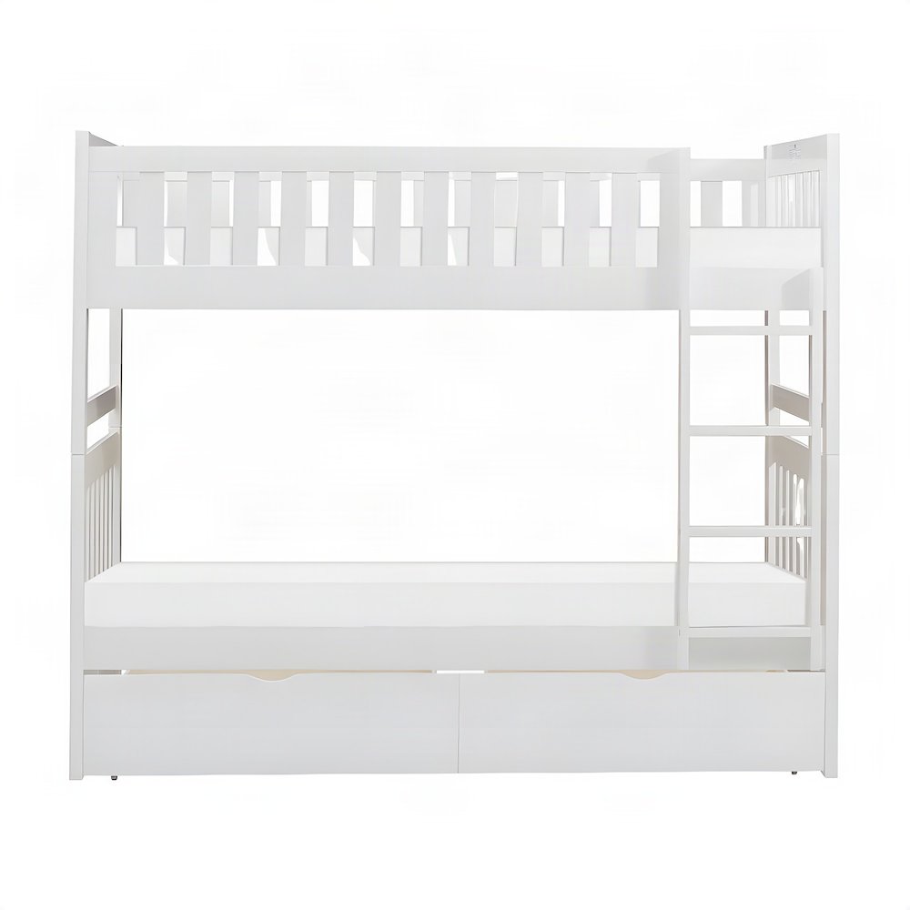 Galen Pine Twin Over Twin Bunk Beds for Kids with Two Storage Boxes, White