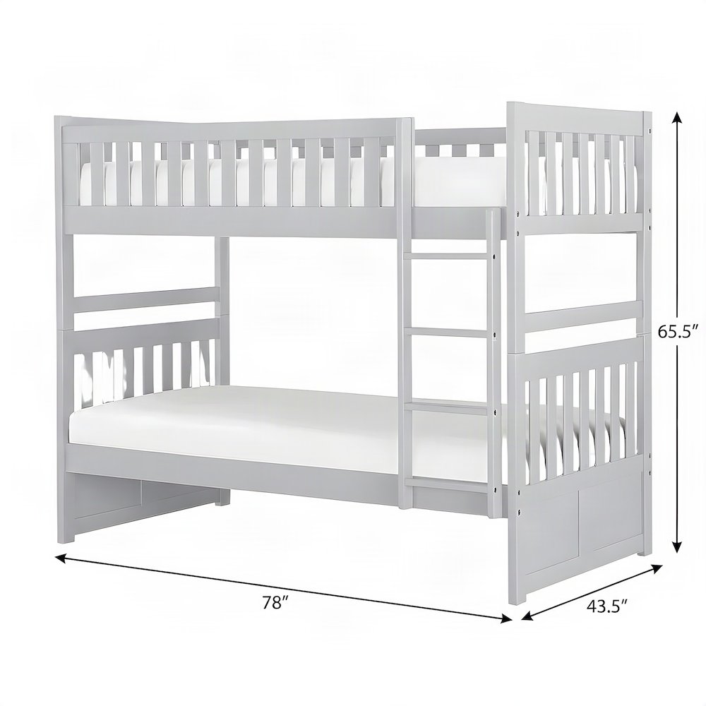Orion Pine Twin Over Twin Bunk Bed with Guard Rail and Wood Slats, Gray