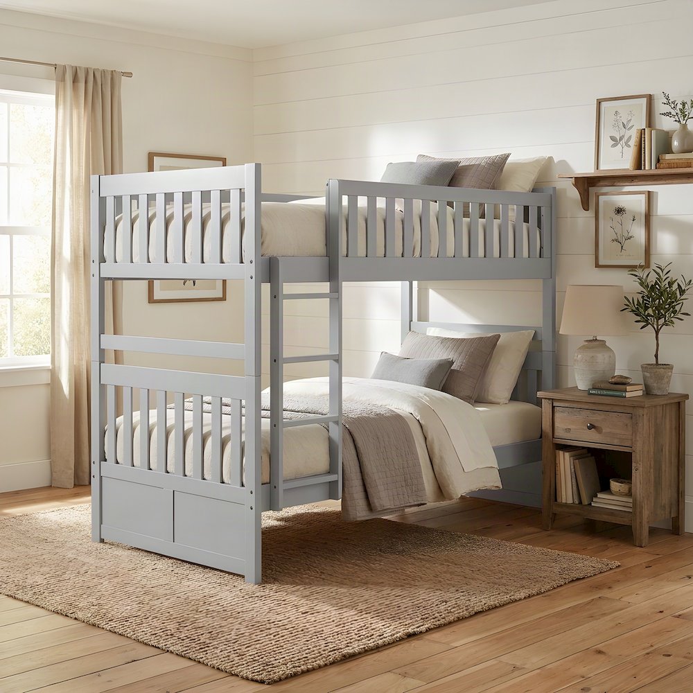 Orion Pine Twin Over Twin Bunk Bed with Guard Rail and Wood Slats, Gray