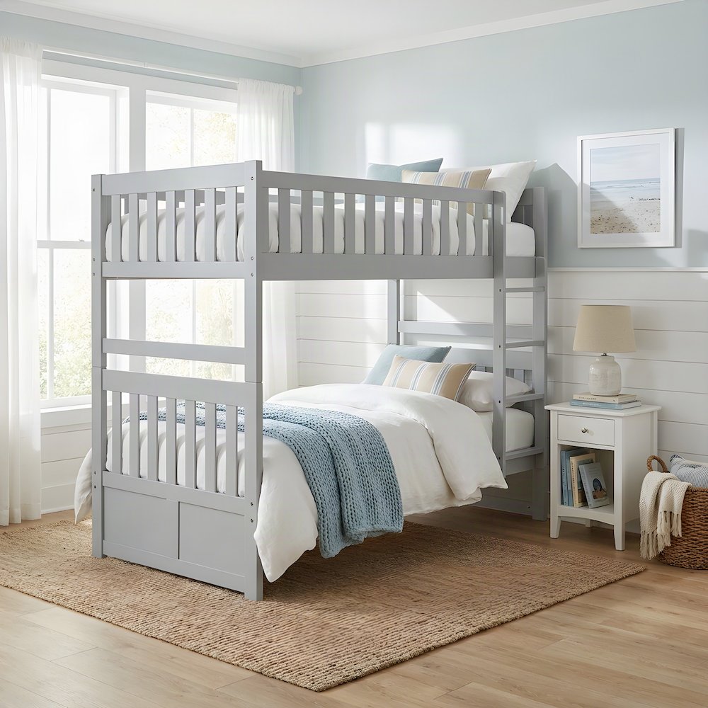 Orion Pine Twin Over Twin Bunk Bed with Guard Rail and Wood Slats, Gray