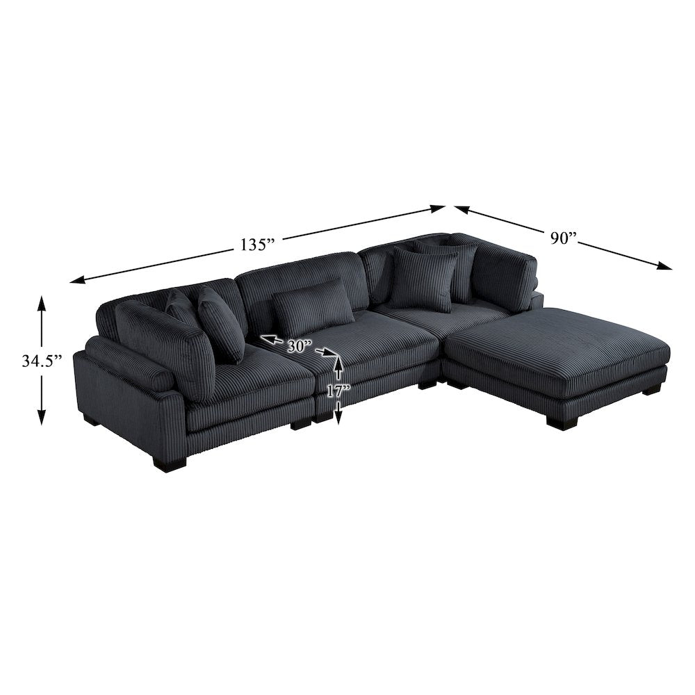 Traverse Corduroy 4-Piece Modular Sectional with Ottoman in Black