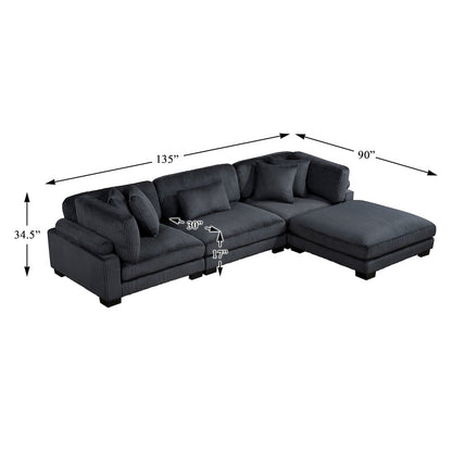 Traverse Corduroy 4-Piece Modular Sectional with Ottoman in Black