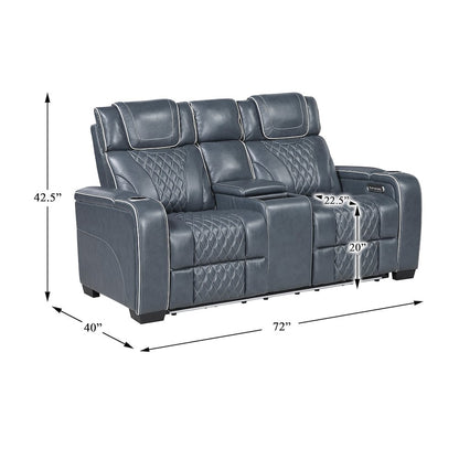 Apex Leather Pwr Double Reclining Love Seat with Center Console in Blue