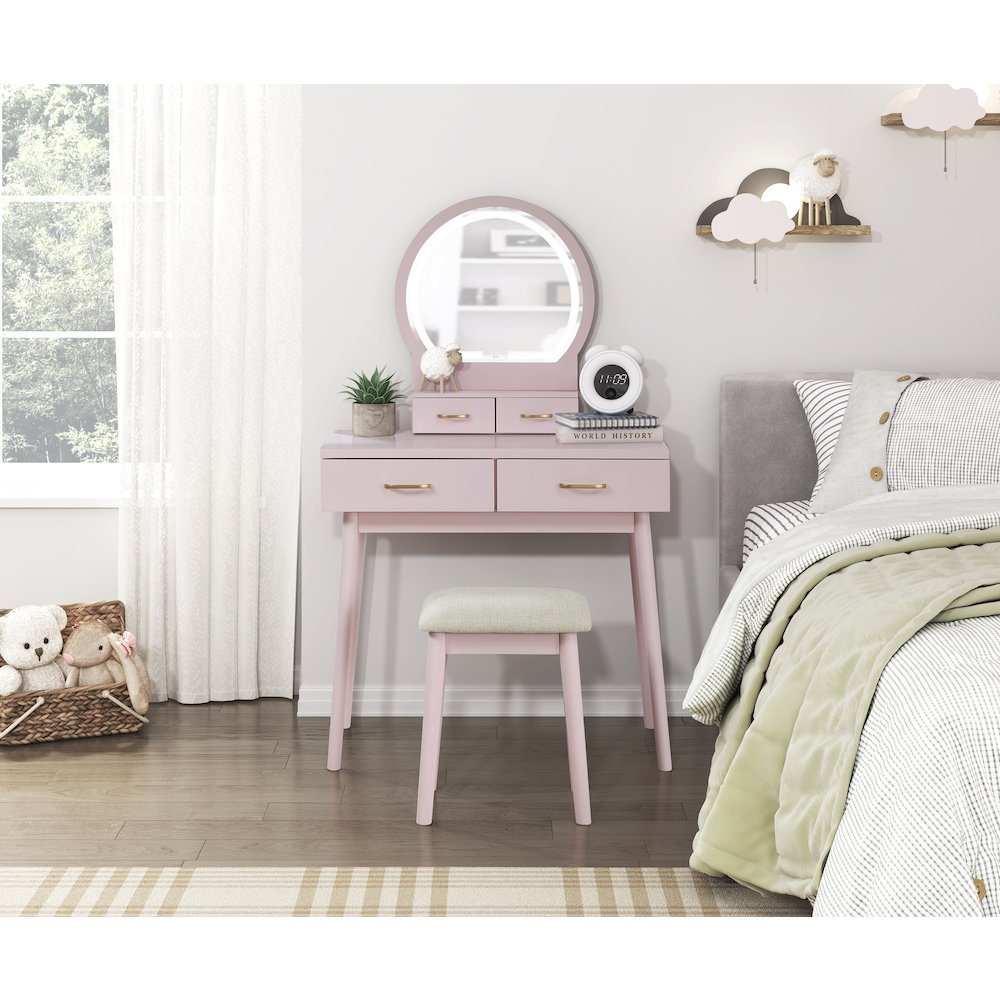 Camilla Acacia Vanity Dresser with Mirror and Stool in Pink