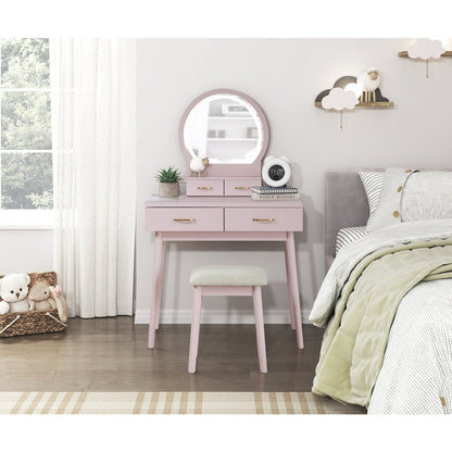 Camilla Acacia Vanity Dresser with Mirror and Stool in Pink