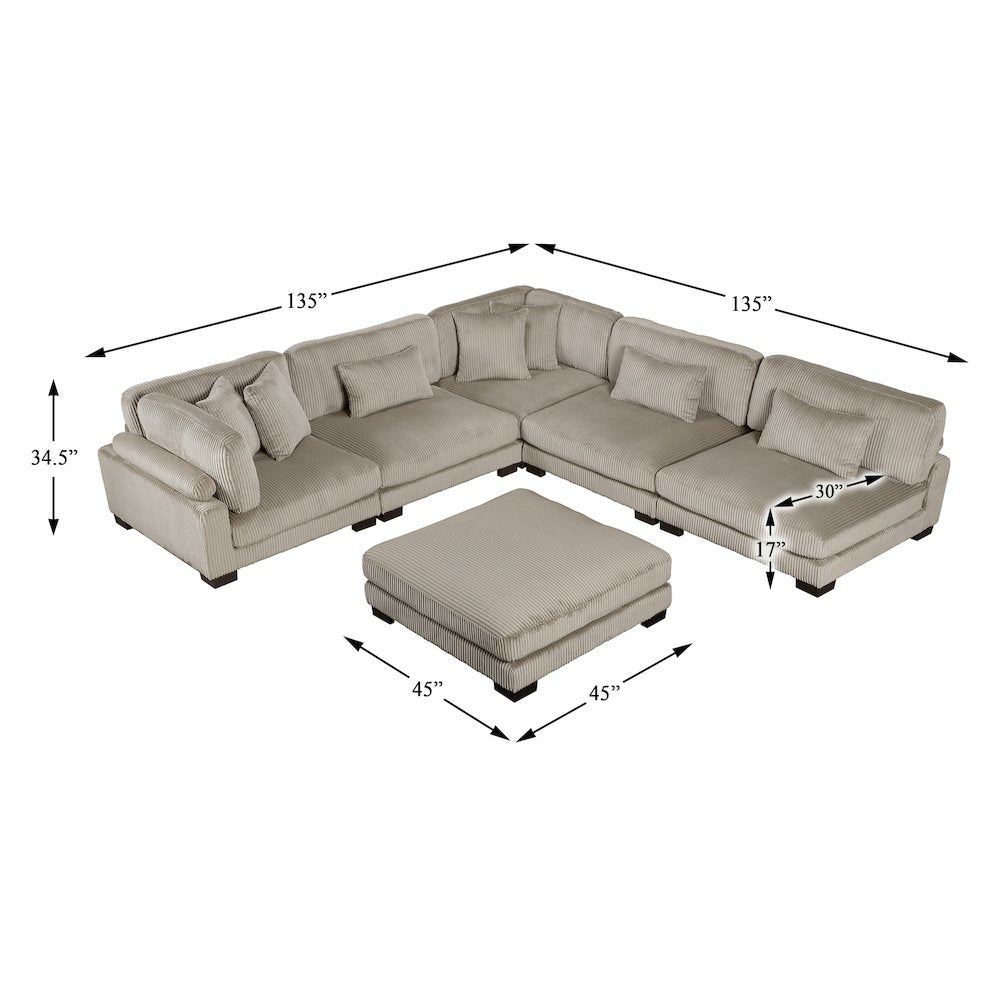 Traverse Corduroy 6-Piece Modular Sectional with Ottoman in Taupe