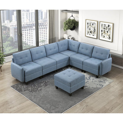 Garren Textured 7-Piece Sectional with Storage and Ottoman in Blue