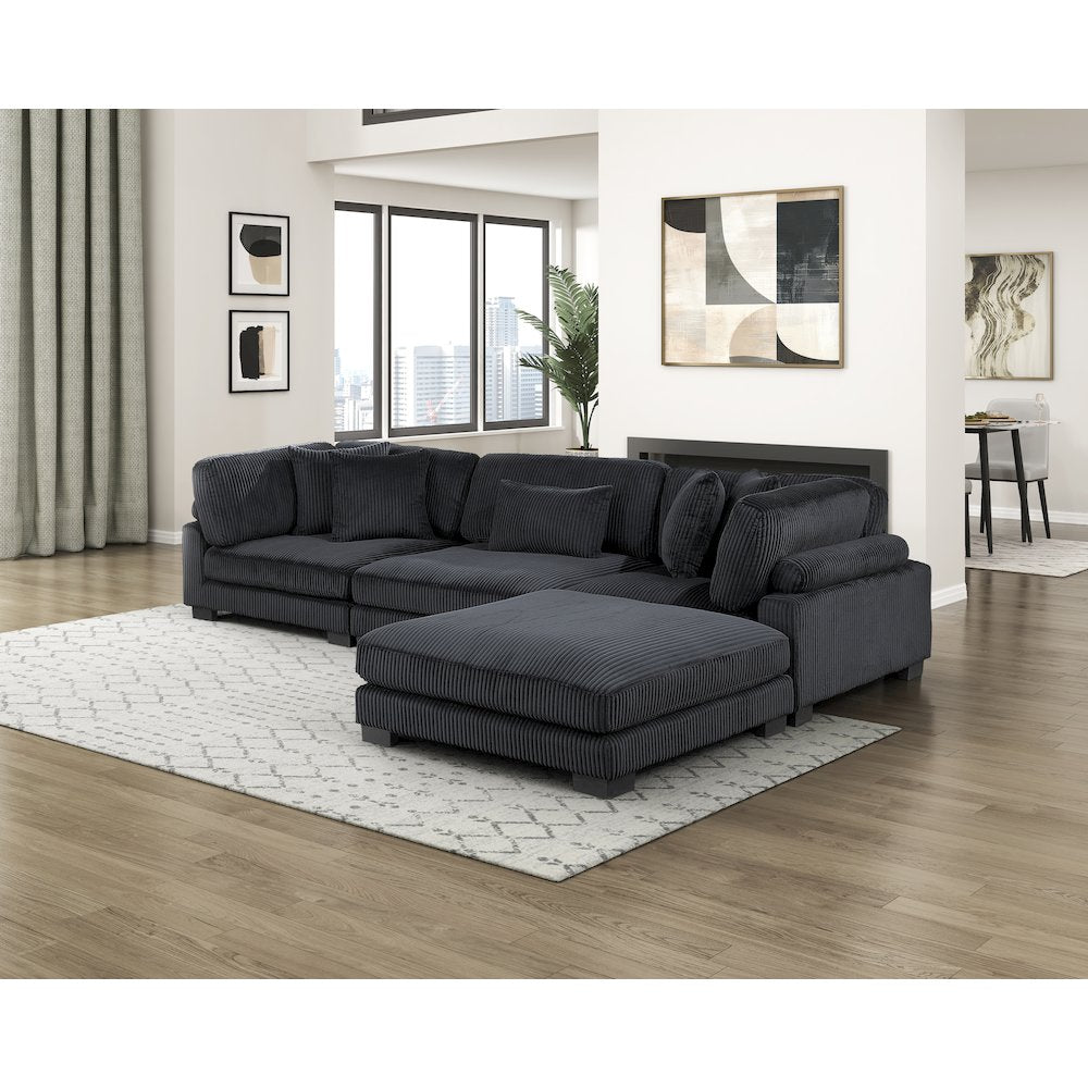 Traverse Corduroy 4-Piece Modular Sectional with Ottoman in Black